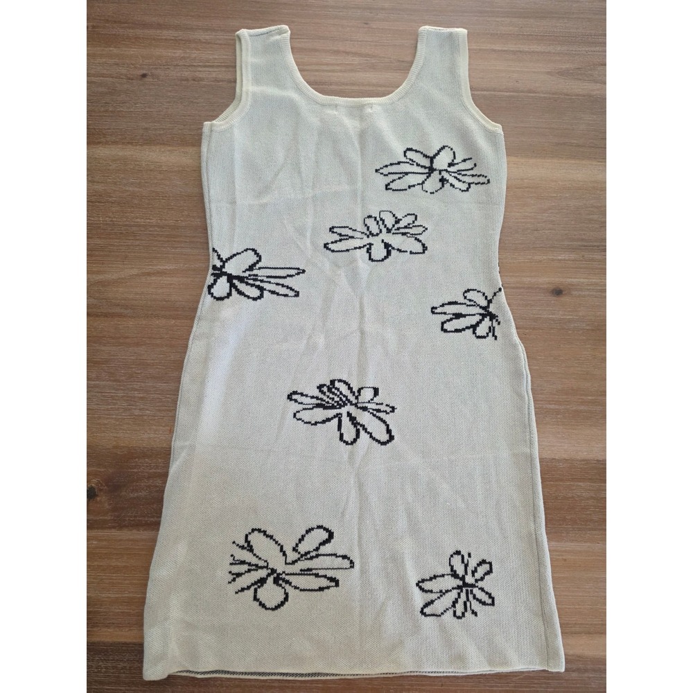 Aster Women Cream Black Floral Knit Sleeveless Mini Sweater Dress Large SW8002